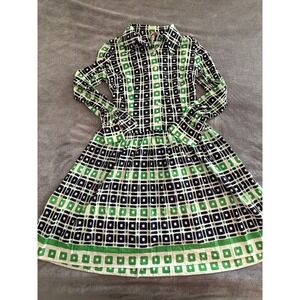 Retro 70's Geometric Print Button Front Midi Dress Green Navy White Women's